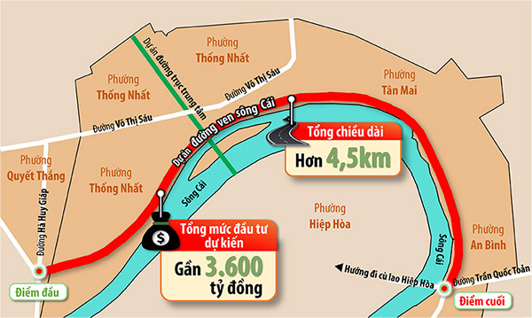 Đồ họa thể hiện sơ đồ tuyến, tổng chiều dài và tổng mức đầu tư dự kiến của dự án đường ven sông Cái (TP.Biên Hòa). (Thông tin: Phạm Tùng - Đồ họa: Hải Quân)