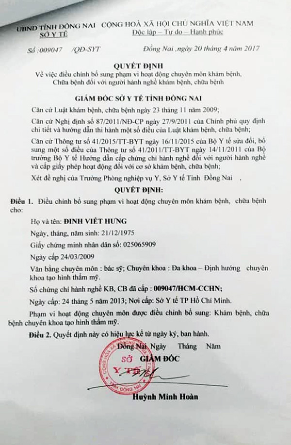 Quyết định cấp cho bác sĩ Đinh Viết Hưng hành nghề phẫu thuật thẩm mỹ được Sở Y tế Đồng Nai xác nhận giả mạo hoàn toàn.