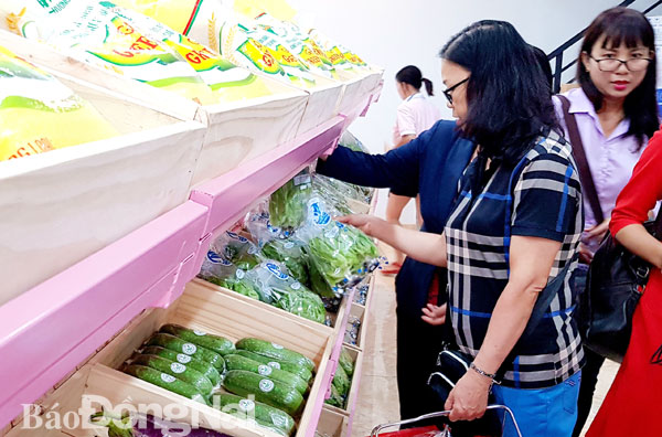 Khách hàng chọn mua rau, quả tại một cửa hàng nông sản sạch ở phường Tân Tiến, TP.Biên Hòa. Ảnh: Quang Minh