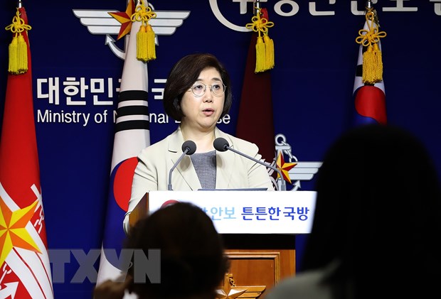 Phát ngôn viên Bộ Quốc phòng Hàn Quốc Choi Hyun-soo tại cuộc họp báo ở Seoul ngày 25-7-2019. (Nguồn: Yonhap/TTXVN)