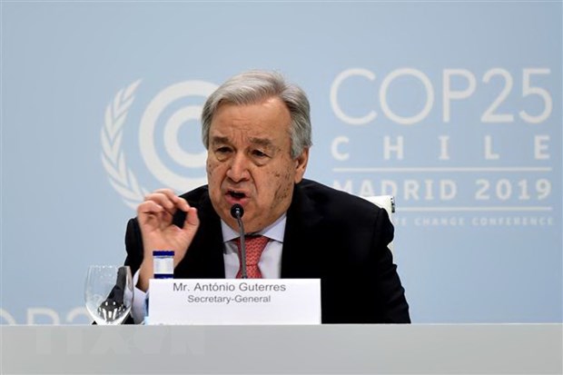 Tổng Thư ký Liên hợp quốc Antonio Guterres phát biểu tại cuộc họp báo ở Madrid, Tây Ban Nha ngày 1-12-2019. (Ảnh: AFP/TTXVN)