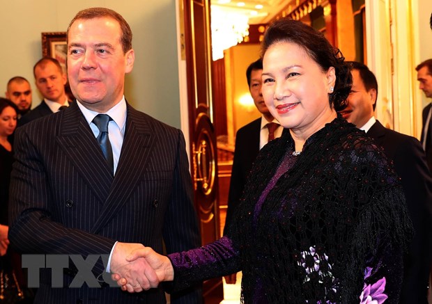 Chủ tịch Quốc hội Nguyễn Thị Kim Ngân hội kiến Thủ tướng Nga Dmitry Medvedev. (Ảnh: Trọng Đức/TTXVN)