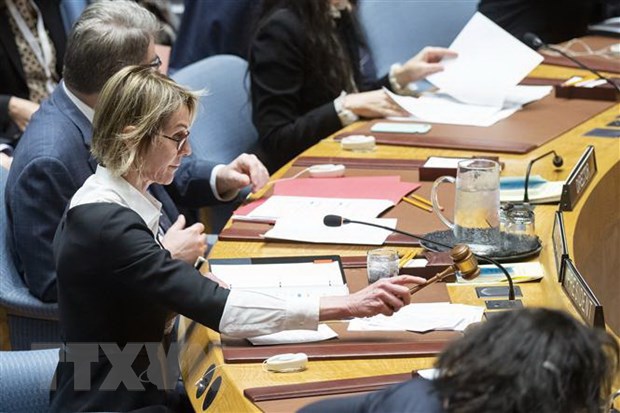 Đại sứ Mỹ tại Liên hợp quốc Kelly Craft (thứ nhất, trái) chủ trì phiên họp của Hội đồng Bảo an Liên hợp quốc tại New York, ngày 11-12-2019. (Nguồn: AFP/TTXVN)