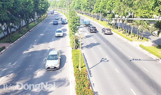 Dải phân cách xanh với các loại cây xanh, hoa cảnh được bố trí với chiều cao hợp lý trên đường Nguyễn Ái Quốc (TP.Biên Hòa) đoạn phía trước Siêu thị MM Mega Market