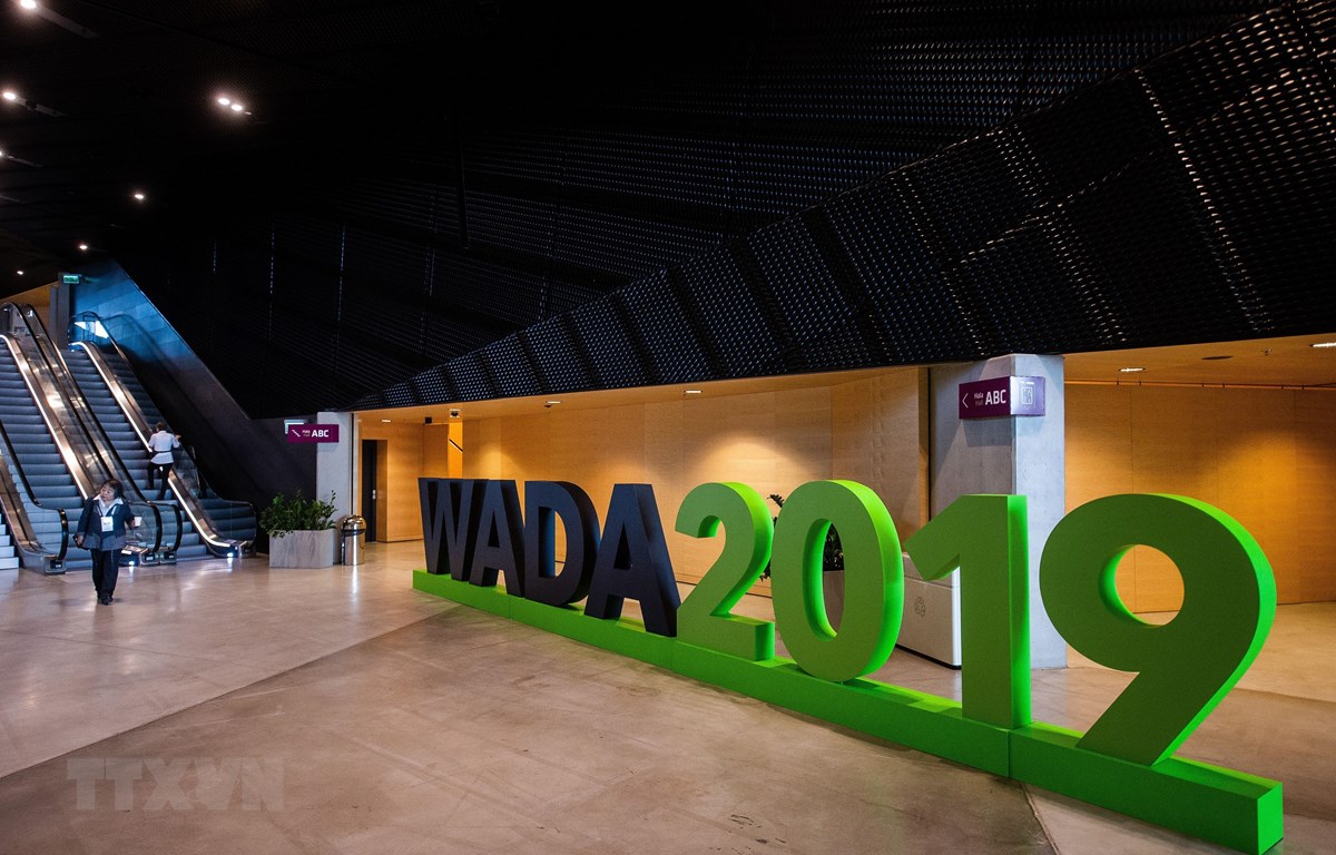 Biểu tượng Cơ quan phòng chống doping thế giới (WADA) tại Katowice, Ba Lan. (Ảnh: AFP/TTXVN)