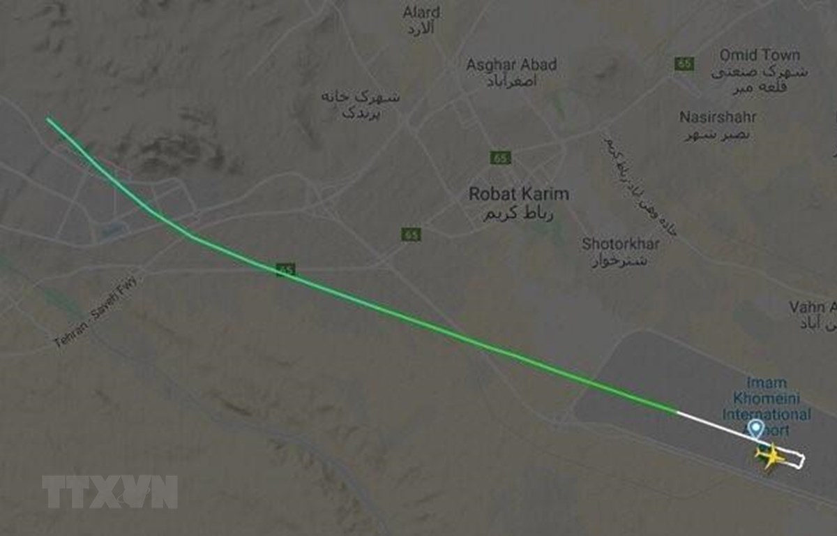 Bản đồ hiển thị hành trình máy bay Boeing 737 của Hãng hàng không Ukraine chở 180 hành khách bị rơi gần sân bay Imam Khomeini ở thủ đô Tehran của Iran, ngày 8-1-2020. (Ảnh: IRNA/TTXVN)