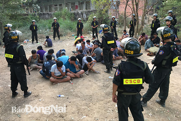 Cảnh sát cơ động Công an tỉnh vây bắt các đối tượng tham gia đánh bạc tại trường gà ở xã Hố Nai 3 (huyện Trảng Bom). Ảnh: Hoàng Bách