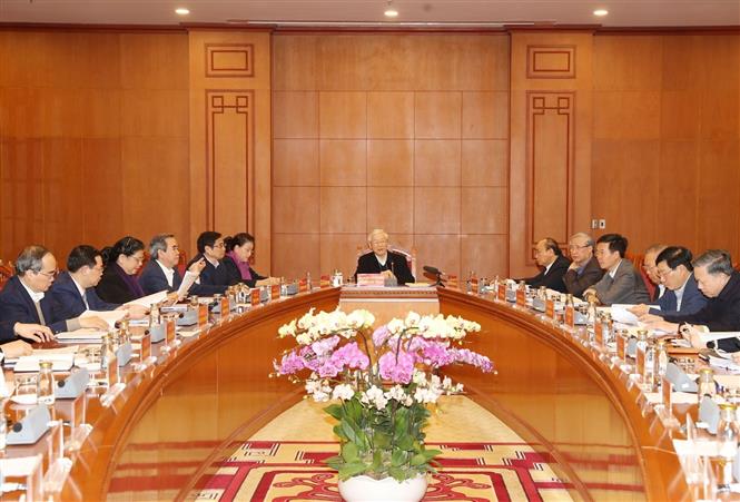 Tổng bí thư, Chủ tịch nước Nguyễn Phú Trọng, Trưởng tiểu ban Văn kiện Đại hội XIII của Đảng phát biểu kết luận cuộc họp