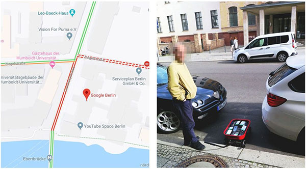 Trong khi Simon dắt đám smartphone của mình đi bộ thì bản đồ chuyển màu đỏ, xác định rằng đang ách tắc giao thông