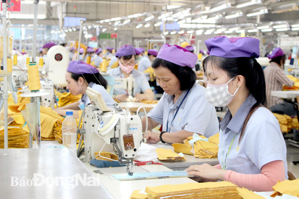 Công nhân Công ty TNHH may mặc United Sweethearts Việt Nam, Khu công nghiệp Nhơn Trạch 1 trong giờ làm việc. Ảnh:P.Tùng