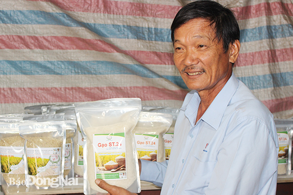 Ông Trần Quang, Giám đốc Hợp tác xã thương mại dịch vụ nông nghiệp Xuân Tiến (xã Xuân Phú) giới thiệu các sản phẩm gạo sạch. Ảnh: H.Lộc