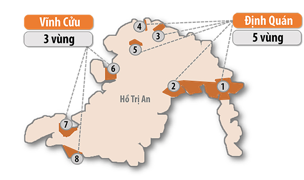 Đồ họa thể hiện vị trí sắp xếp 8 vùng nuôi thủy sản lồng, bè trên hồ Trị An (Thông tin: Bình Nguyên - Đồ họa: Hải Quân)
