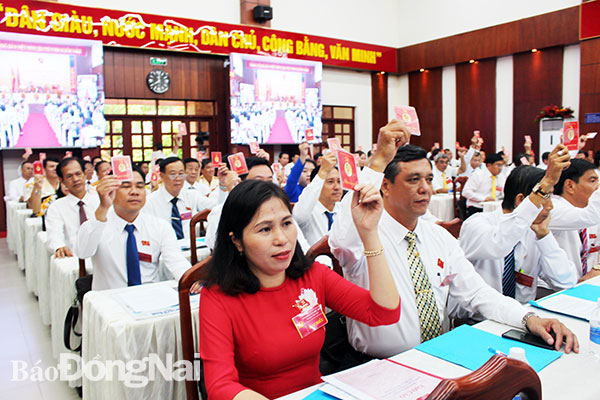 Các đại biểu biểu quyết số lượng đoàn đại biểu dự đại hội Đảng bộ tỉnh
