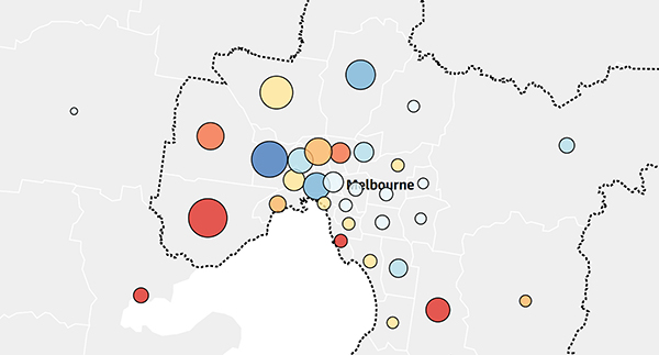 Đồ họa phản ánh mức độ nhiễm Covid-19 khác nhau (hình tròn to, màu đậm thể hiện mức độ cao) tại khu vực Melbourne và vùng lân cận ngày 6-8. Nguồn: The Guardian