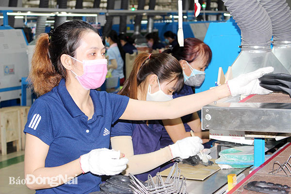 Công nhân lao động Công ty TNHH Changshin Việt Nam (xã Thạnh Phú, H.Vĩnh Cửu) trong giờ làm việc. Ảnh: Ban Mai