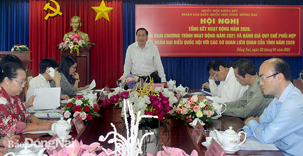 Phó trưởng Đoàn phụ trách Đoàn ĐBQH tỉnh Bùi Xuân Thống phát biểu tại hội nghị