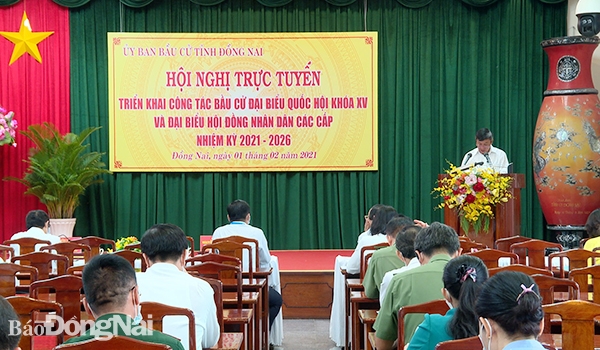 Phó bí thư thường trực Tỉnh ủy, Phó Trưởng ban thường trực Ban chỉ đạo công tác bầu cử tỉnh Hồ Thanh Sơn phát biểu tại hội nghị