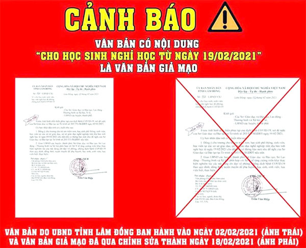 Tỉnh Lâm Đồng cảnh báo xuất hiện văn bản giả cho học sinh nghỉ học phòng dịch Covid-19 vào tháng 2-2021. Nguồn: Internet
