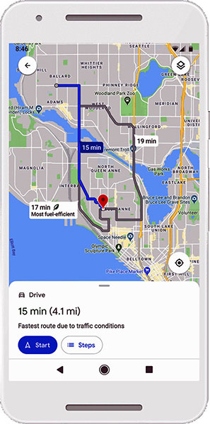 Bên cạnh các tùy chọn đường đi như trước đây, Google Maps sẽ thêm lộ trình “thân thiện môi trường”. Trong ảnh: Ngoài đường đi nhanh nhất mất 15 phút thì Google Maps còn gợi ý đường đi tiết kiệm nhiên liệu nhất (tức ít khí thải ảnh hưởng môi trường nhất) mất 17 phút. Nguồn: Google