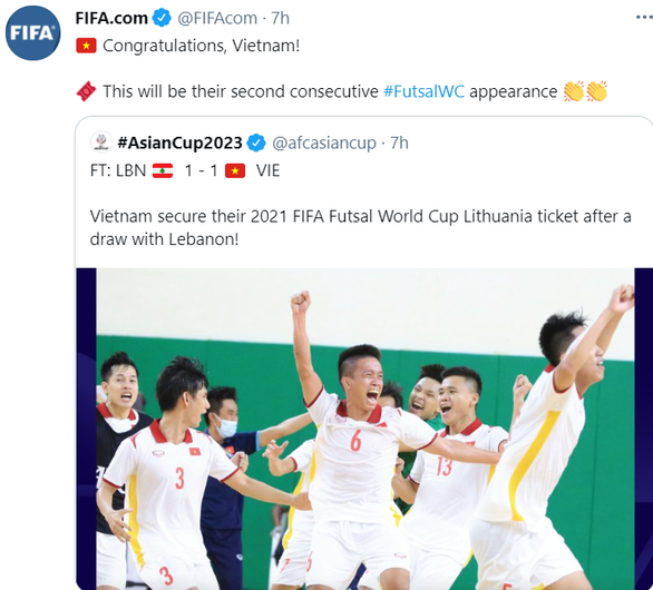 Trang Twitter chính thức của FIFA đăng lời chúc mừng Việt Nam lần thứ hai liên tiếp góp mặt ở VCK World Cup futsal - Ảnh: Twitter FIFA