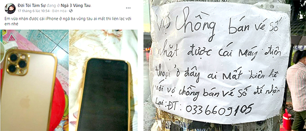 Nhặt được chiếc điện thoại, vợ chồng anh Lại Văn Cường đăng Facebook và dán thông báo để tìm người trả lại