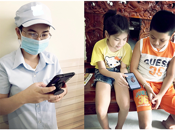 Thực hiện “3 tại chỗ”  tại nhà máy, chị Nguyễn Quỳnh Phương (ngụ P.Tân Mai, TP.Biên Hòa) trò chuyện hỏi thăm, gặp gỡ các con (ảnh phải) qua điện thoại