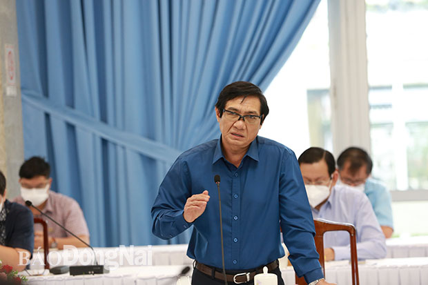 Phó chủ tịch UBND tỉnh Nguyễn Sơn Hùng báo cáo về công tác an sinh xã hội và ứng dụng CNTT tại cuộc họp. Ảnh: Huy Anh