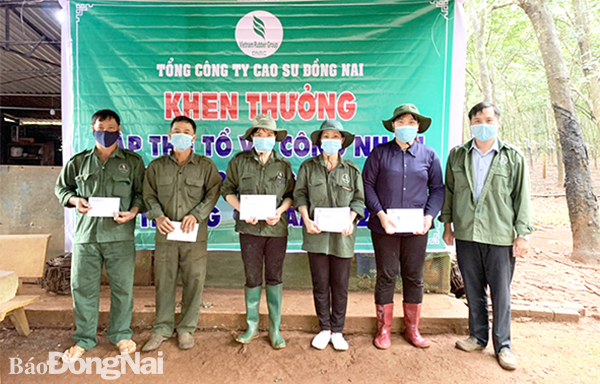 Đại diện Công đoàn Tổng công ty Cao su Đồng Nai khen thưởng người lao động thi đua vượt chỉ tiêu sản phẩm