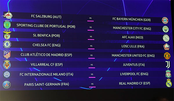 Kết quả bốc thăm cuối cùng của vòng 1/8 Champions League