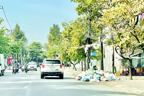 Một đống rác tự phát tràn xuống đường Trần Quốc Toản (P.Bình Đa, TP.Biên Hòa) gây ô nhiễm môi trường, cản trở giao thông. Ảnh: Đăng Tùng