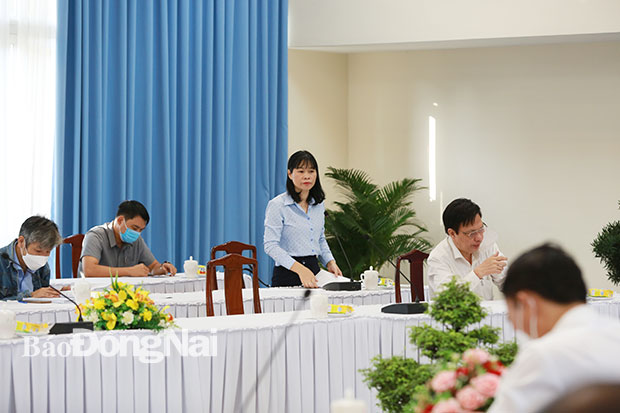 Giám đốc Sở LĐ-TBXH Nguyễn Thị Thu Hiền báo cáo tại cuộc họp. Ảnh: Huy Anh