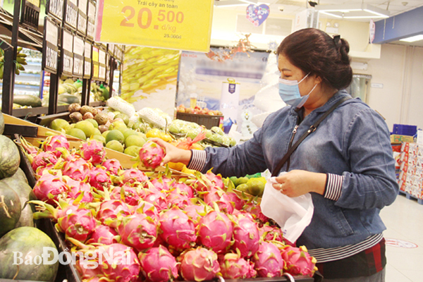 Người tiêu dùng chọn mua các sản phẩm trái cây Việt tại Co.opmart Biên Hòa. Ảnh: H.Quân