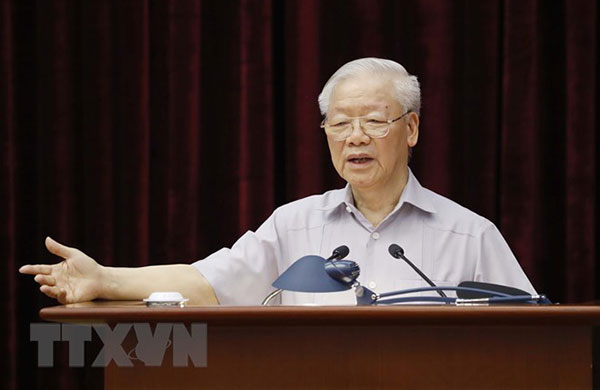 Tổng bí thư Nguyễn Phú Trọng phát biểu chỉ đạo tại Hội nghị toàn quốc tổng kết 10 năm công tác phòng, chống tham nhũng. Ảnh: TTXVN