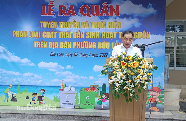 Phó chủ tịch UBND TP.Biên Hoà Huỳnh Tấn Lộc phát biểu tạo lễ ra quân ở P.Bửu Long. Ảnh: Khắc Thiết