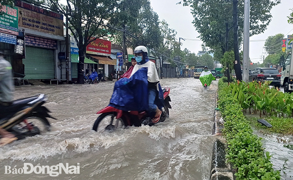 Nước ngập gần quá nửa bánh xe máy trên đường Đồng Khởi. Ảnh: Thành Nhân