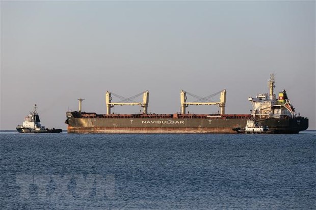 Tàu chở ngũ cốc rời cảng Chornomorsk (Ukraine), lên đường tới Teesport (Anh), ngày 5-8-2022. (Ảnh: AFP/TTXVN)