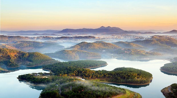 The Tuyen Lam Lake National Tourism Area seen from above. 