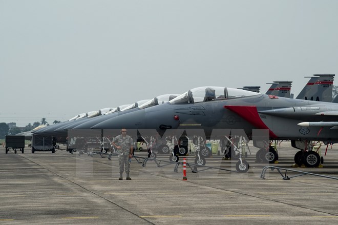 Máy bay chiến đấu F-15C của quân đội Mỹ tham gia cuộc tập trận Cope Taufan. (Nguồn: AFP/TTXVN)