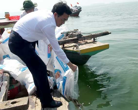 Phó chủ tịch UBND tỉnh Võ Văn Chánh, thả cá xuống hồ Trị An.