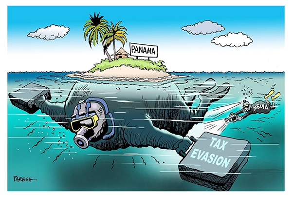 Biếm họa về vụ Hồ sơ Panama. Giới truyền thông (Media) đang soi rọi những tài liệu về việc trốn thuế (Tax evasion) Tranh của Paresh trên The Khaleej Times, Dubai