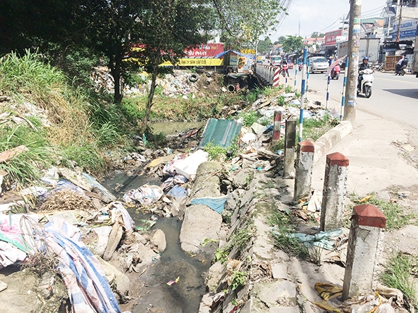 Nhiều người dân tiện tay vứt rác làm nghẽn dòng chảy đặc một con suối ở TP.Biên Hòa