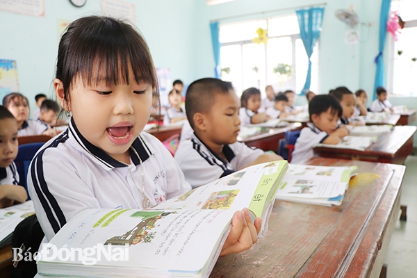Học sinh lớp 1 Trường tiểu học Tân Phú (xã Thạnh Phú, H.Vĩnh Cửu) trong giờ học môn Tiếng Việt