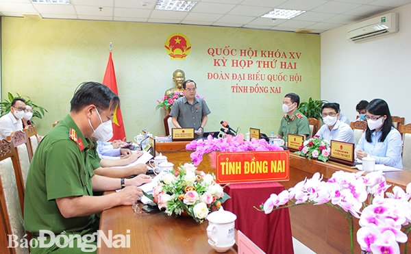Phó bí thư Tỉnh ủy, Trưởng đoàn đại biểu Quốc hội tỉnh Quản Minh Cường phát biểu tại buổi thảo luận trực tuyến