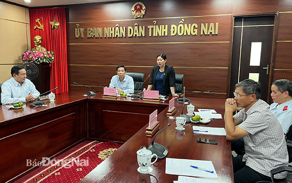 Thứ trưởng Bộ TN-MT Nguyễn Thị Phương Hoa thông tin nội dung, kế hoạch làm việc của đoàn công tác. Ảnh: H.Lộc