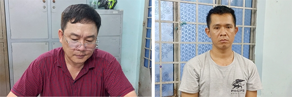 Hai đối tượng Nguyễn Phước Thành (áo sẫm) và Trần Huy Hùng (áo đỏ) bị công an bắt giữ