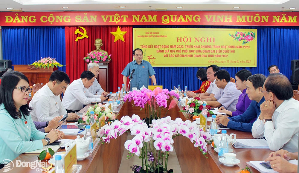 Phó bí thư Tỉnh ủy, Trưởng Đoàn đại biểu Quốc hội tỉnh Quản Minh Cường phát biểu tại hội nghị