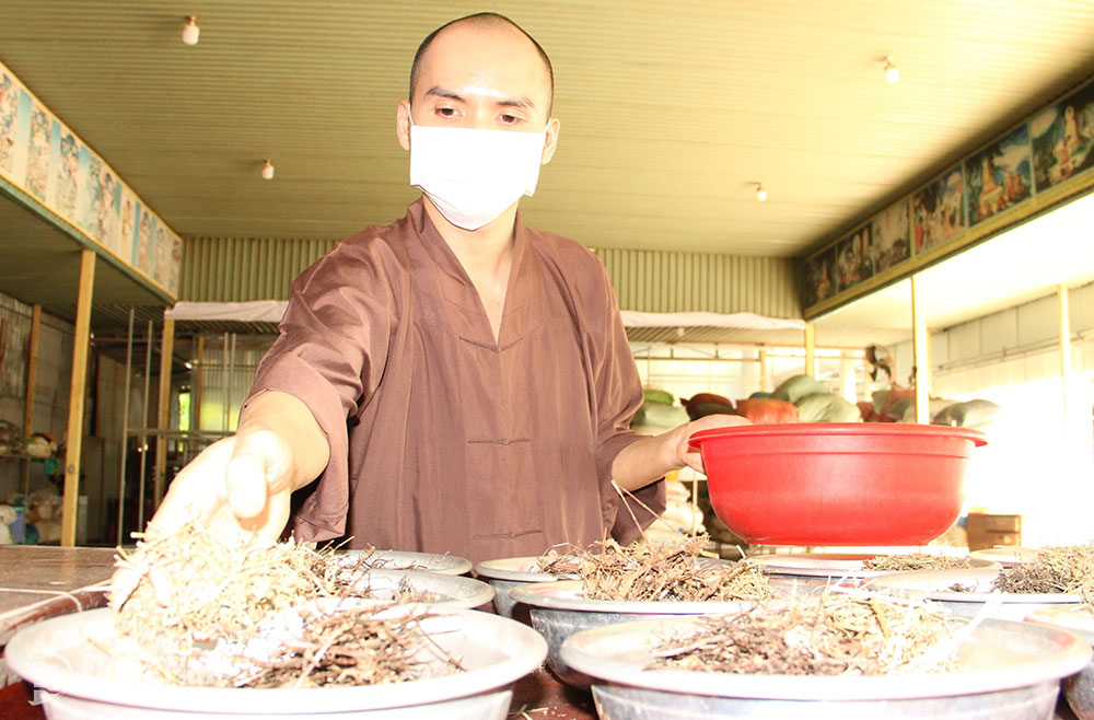 Nhà sư chùa Linh Hòa tại Tổ thuốc nam từ thiện của chùa (xã Bảo Hòa, H.Xuân Lộc) bốc thuốc cho người dân. Ảnh: S.Thao