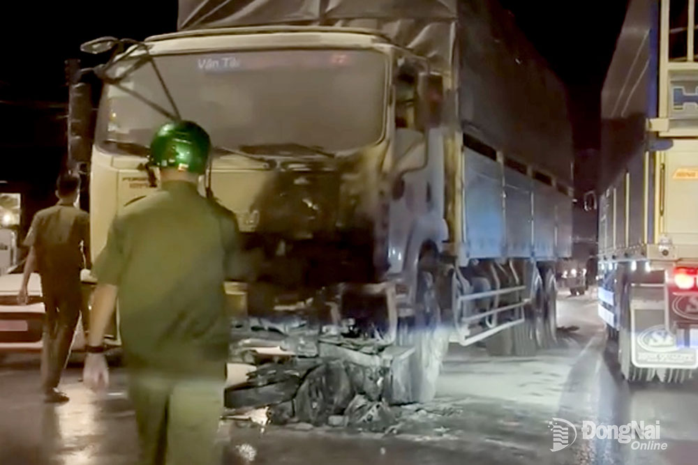 Chiếc xe máy và xe tải biển số 63C-045.70 bốc cháy sau khi va chạm trên quốc lộ 20, xã Phú Cường (H.Định Quán) tối 9-2. Ảnh: CTV