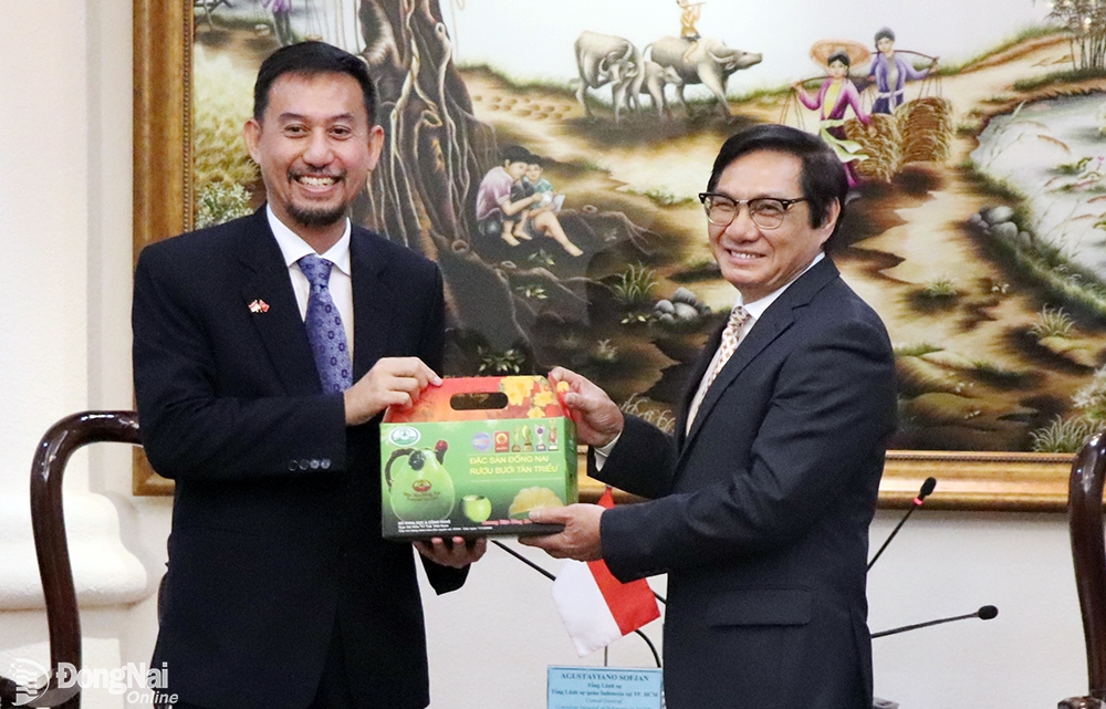 Phó chủ tịch UBND tỉnh Nguyễn Sơn Hùng tặng quà cho ông Agustaviano Sofajn, Tổng lãnh sự Indonesia tại TP.HCM