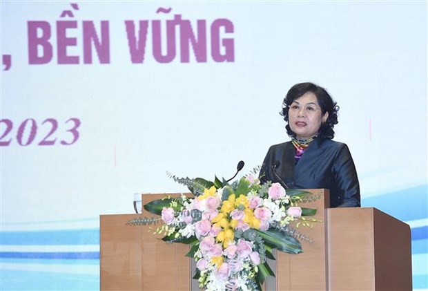 Thống đốc Ngân hàng Nhà nước Việt Nam Nguyễn Thị Hồng phát biểu. (Ảnh: TTXVN)